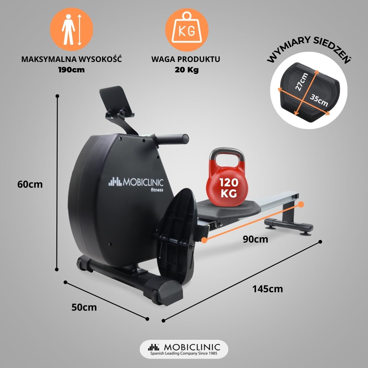 Mobiclinic® fitness, Wioślarstwo, Rowfit, 8 poziomów oporu, Cichy, Rezystor magnetyczny, Monitor lcd, Stojak na telefon komórkowy, Do 120 kg, Koł zamachowe 6 łownia domowa