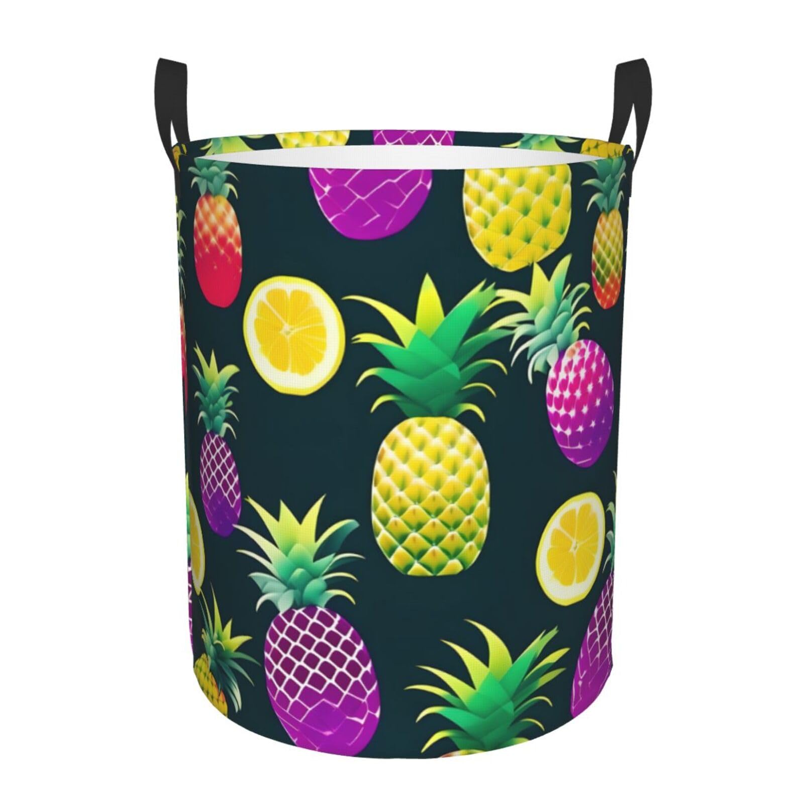 M Collapsible Round Colorful Fruit Pineapple Print Laundry Hamper