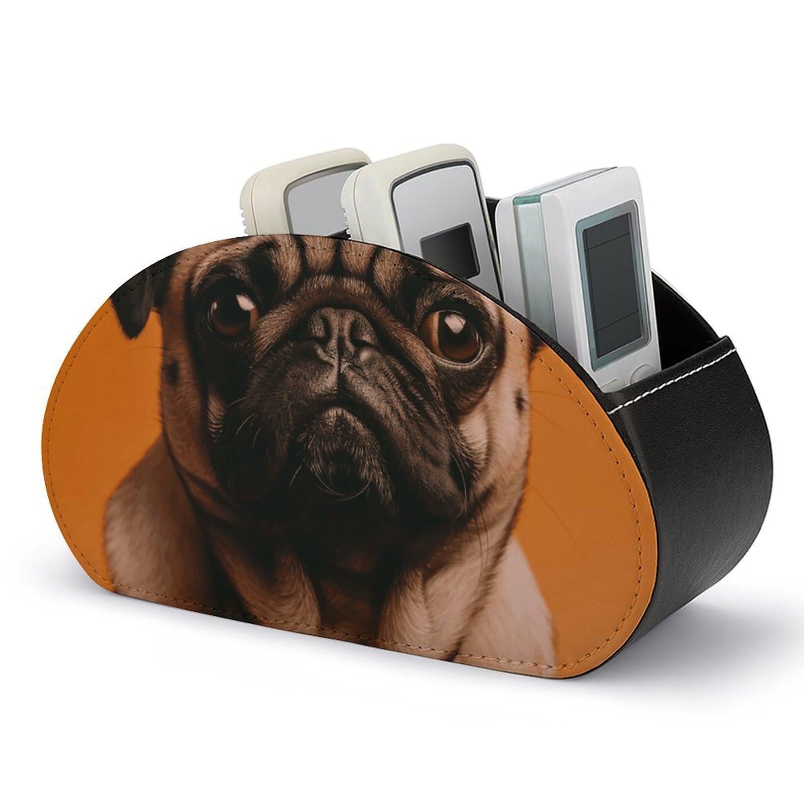 NTVOWPZO A Pug Remote Control Holder with 5 Compartment Organizer Box, Leather TV Remote Holder Organizer Caddy for Table, PU Leather Remote Box for Nightstand Office Desk Storage Box