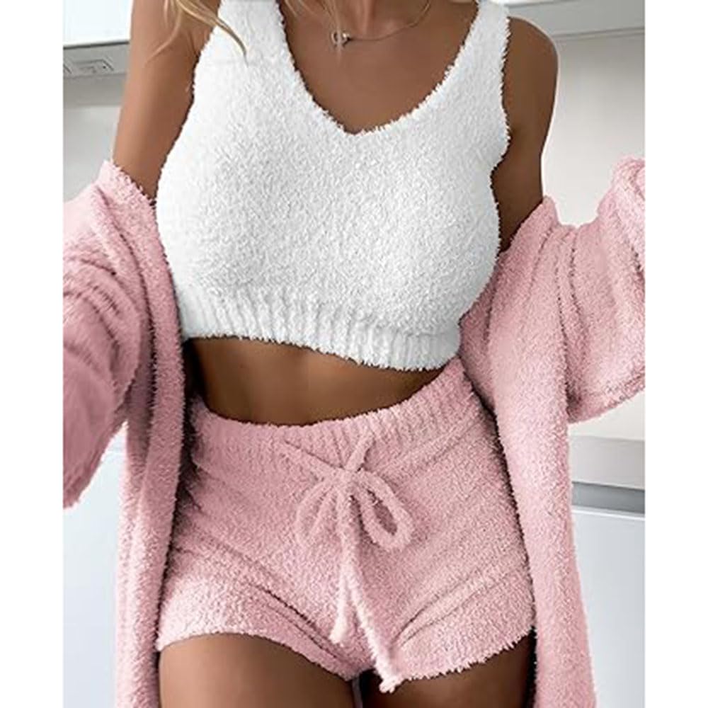Conjunto de Punto de 3 Piezas,Pijama Sexy de Forro Polar difuso y cálido para Mujer,Conjunto de Ropa de Dormir de 3 Piezas,Tops Cortos sin Mangas