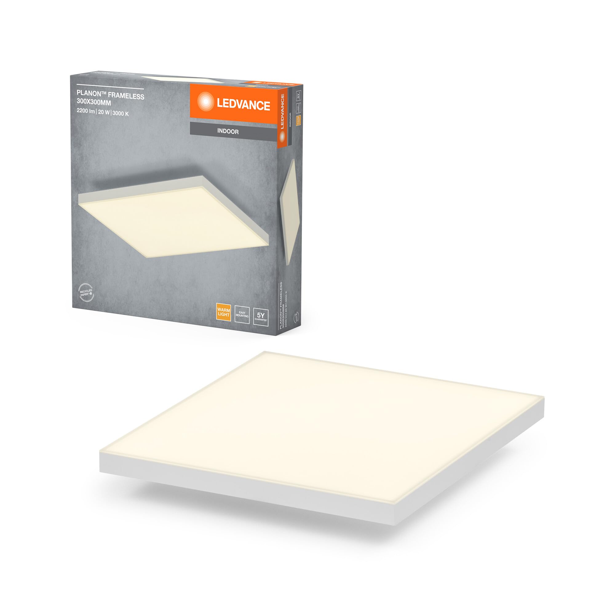LEDVANCE Planon Frameless Ceiling Light in White with Advanced LED Technology, 19 W, Square Shape (300 x 300 mm), Warm White Light Colour at 3000 K, Aluminium housing, Frosted PMMA Diffuser