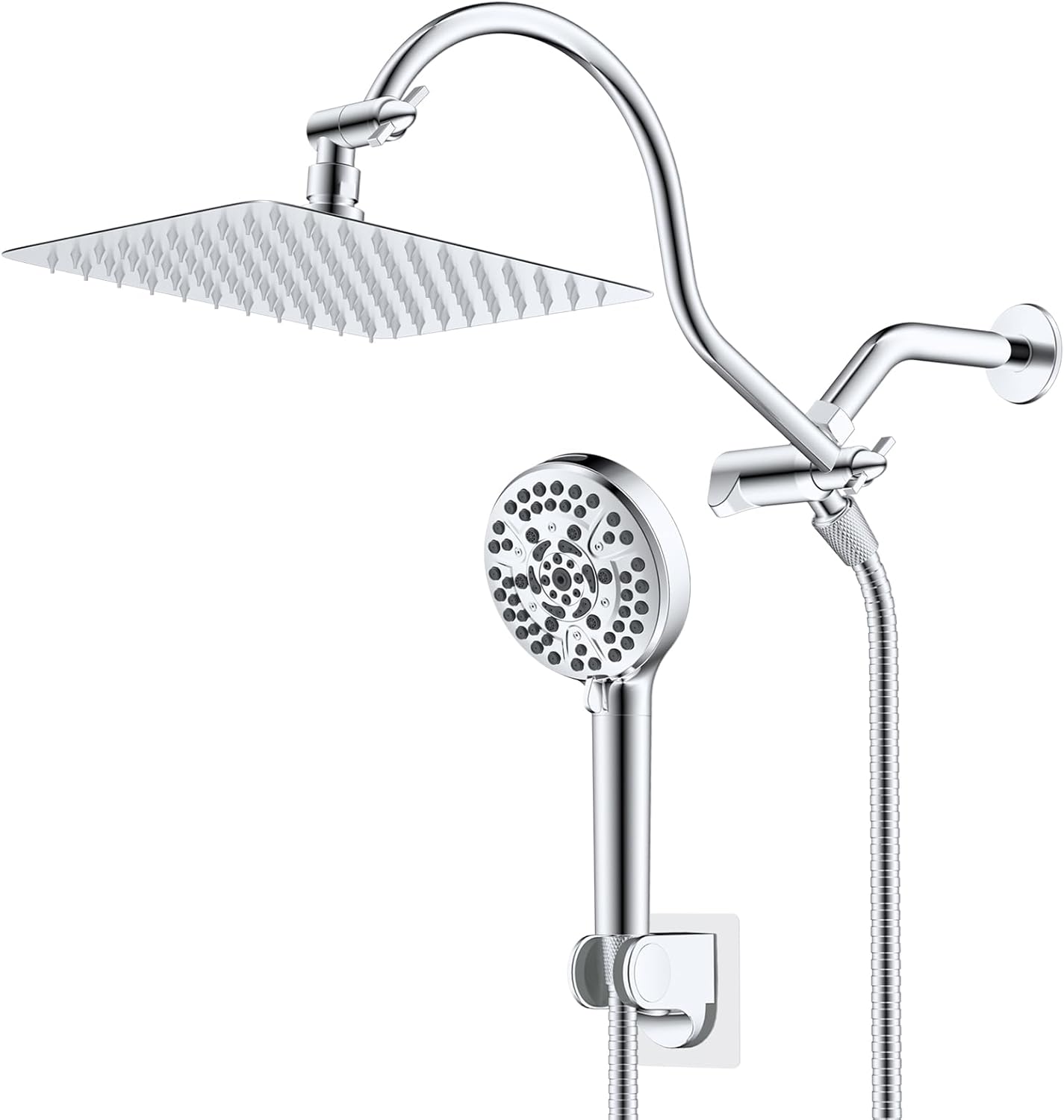 Hibbent 12 Inch All Metal Shower Head with 7-Spray Settings, Solid Brass Construction, Adjustable Curved Shower Arm, Chrome Finish