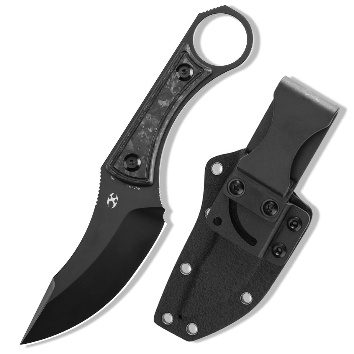 Niko Fixed blade Knife with Sheath, 3.54'' Black TiCn Coated D2 Blade and Carbon Fiber with Frag Pattern Handle, Adjustable Kydex Sheath for EDC, Fixed Knifes for Camping Hiking Fishing G004A1