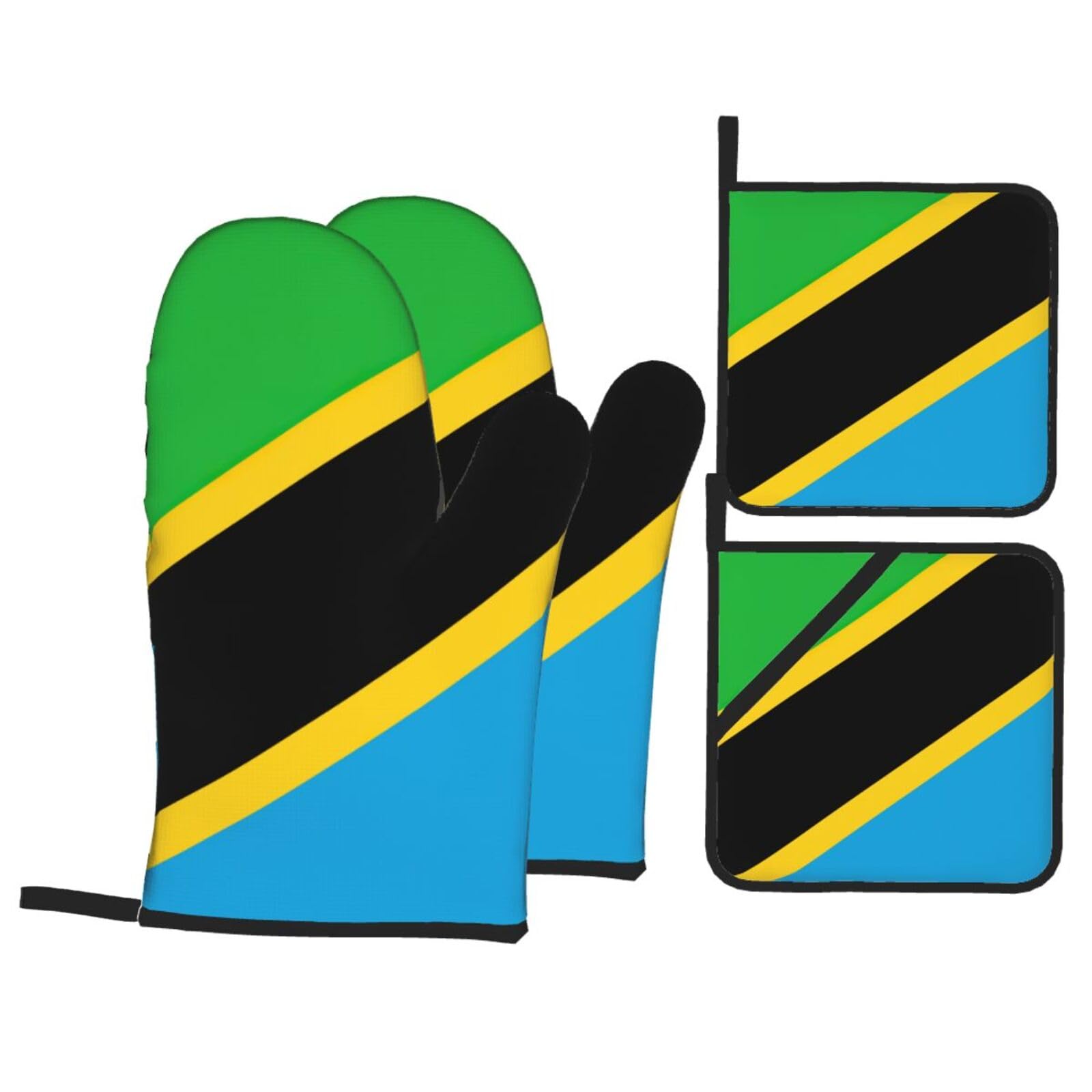 Tanzania Flag Print 4-Piece Oven Microwaving Set Kitchen Gloves for Holiday Cooking Baking Grilling