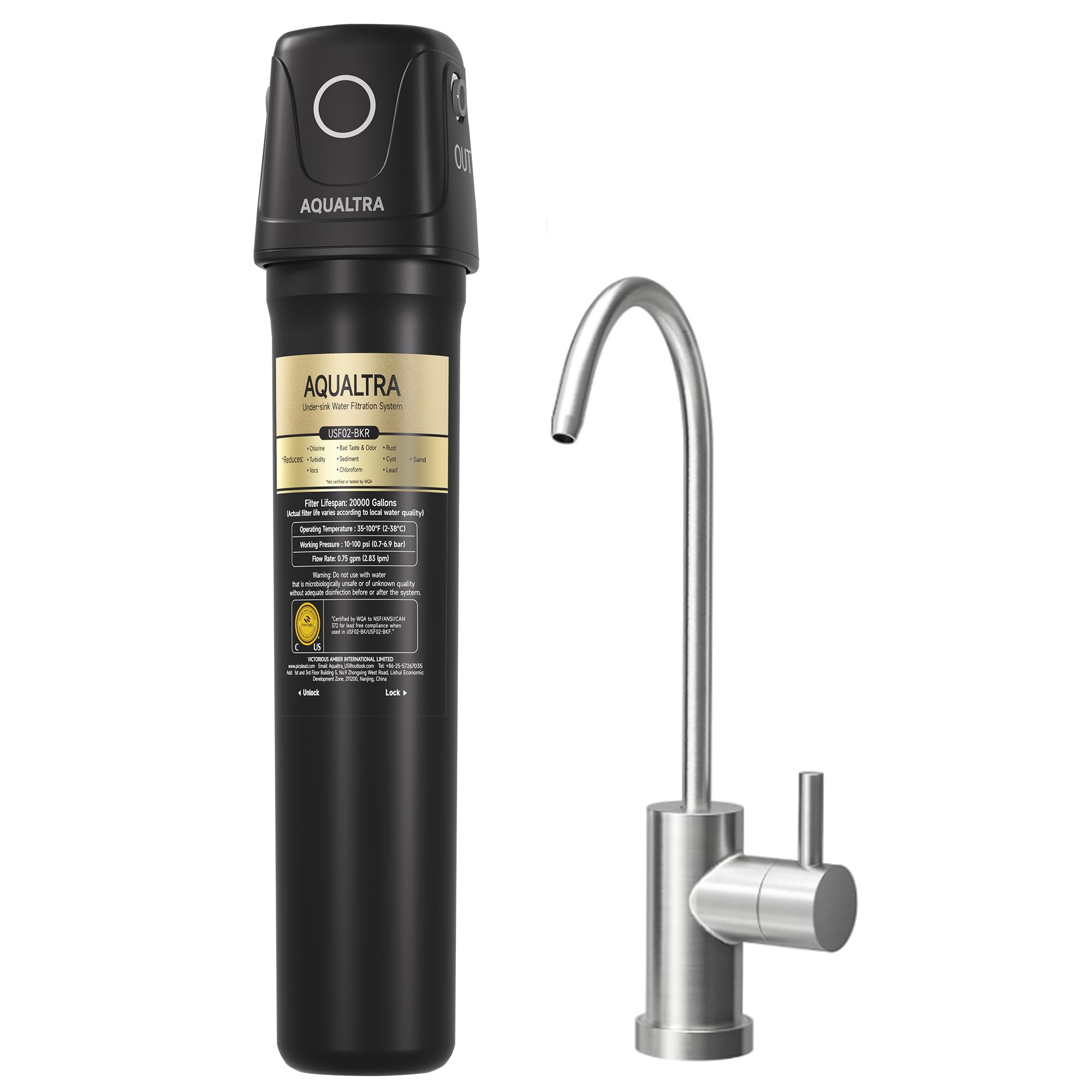 AQUALTRA USF02-BKF Sistema sottolavabo con rubinetto, 75700L, certificato NSF/ANSI/CAN 372, riduce PFOA, PFOS, cloro, piombo, mercurio, cloramina, fluoro, microplastiche, cattivo gusto & odore