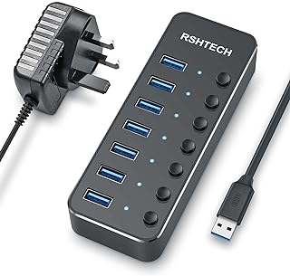 RSHTECH USB Hub Powered 7 Port USB 3.0 Data Hub Aluminum USB Extension Splitter with Individual On/Off Switch Universal AC to DC 5V Power Adapter (RSH-518)