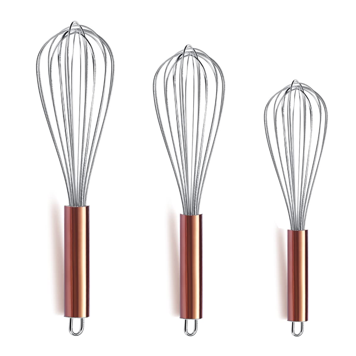 Berglander 3 Pack Stainless Steel Whisks 8",10",12", Titianium Plating Rose Gold Handle Whisk Copper Handle, Beater ,Wire Whisk Set Kitchen Whisk ( pack of 3 )