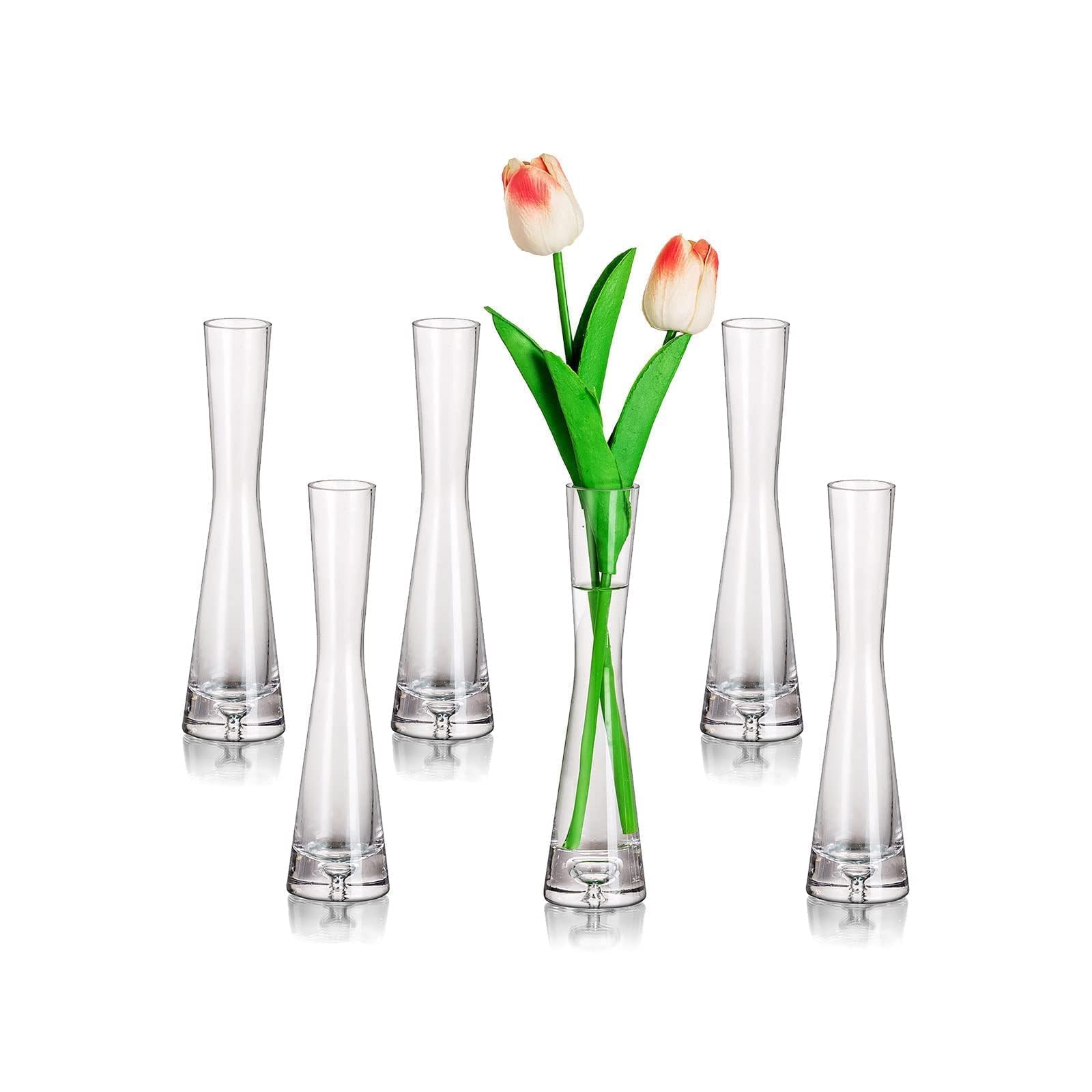 Glasseam Small SkinnyClear Glass Vase,6Pcs Modern Single Flower Bud Vases Bulk Set Decorative Minimalist Aesthetic Slim Table Centerpieces for Rose Tuplips Pampas Grass Wedding Living Room, 7.87"