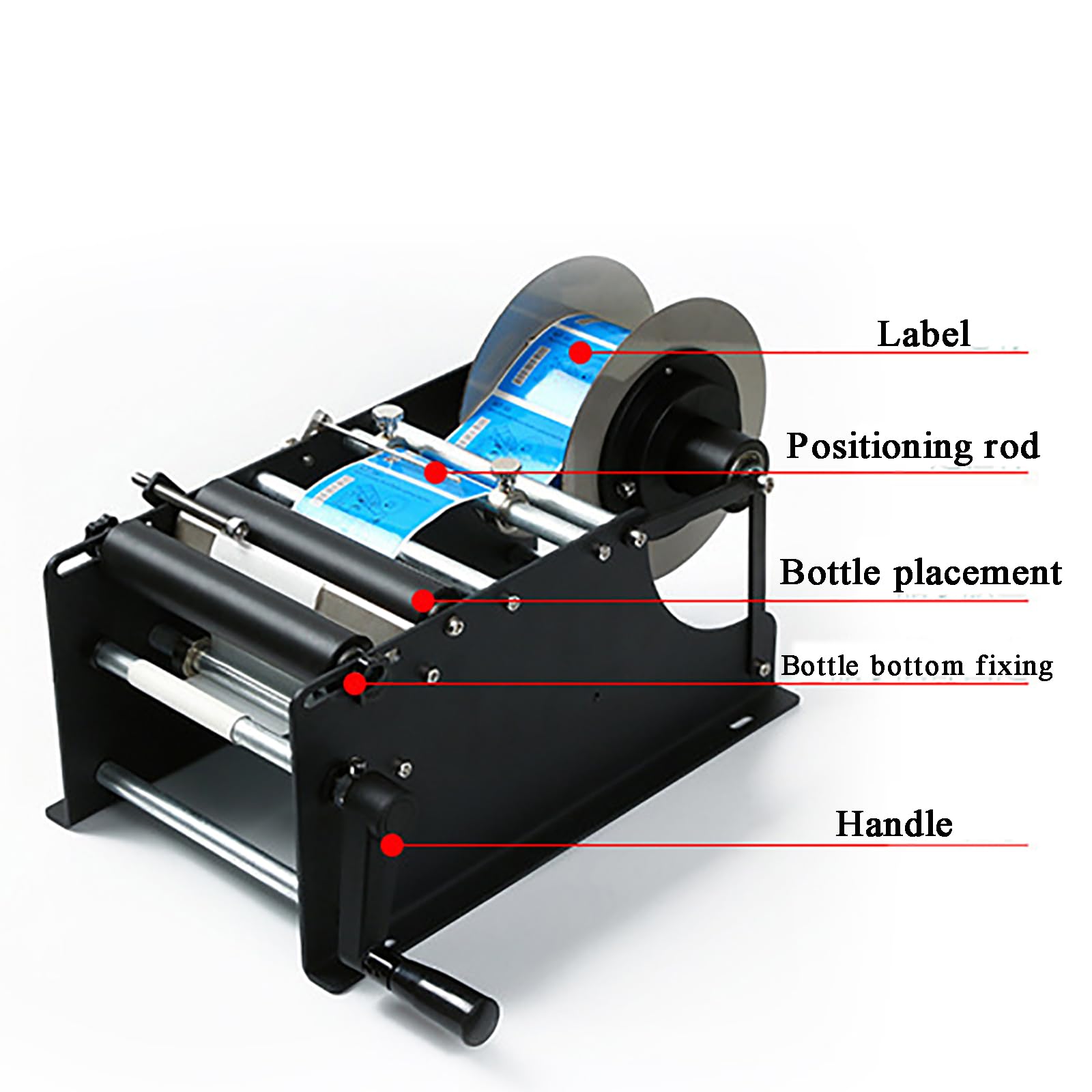 Máquina etiquetadora de botellas, etiquetadora redonda manual para botellas, diámetro del núcleo 76 mm, ancho 10-110 mm, longitud 10-300 mm, ideal para etiquetado preciso