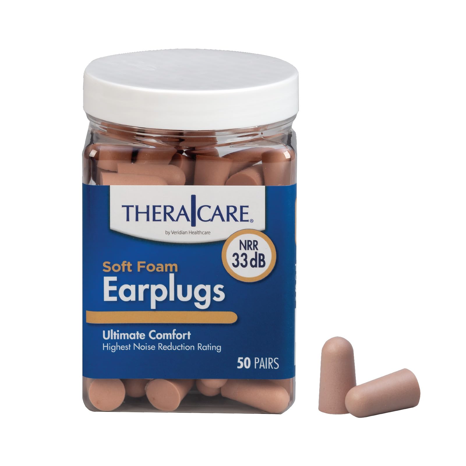 TheraCare Soft Foam Earplugs 33 dB Noise Reduction 50 Pairs Per Jar Latex-Free Sleep Work Travel Recreation Uses