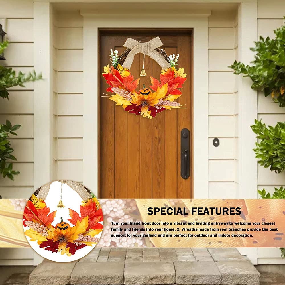 Decoración de otoño, 35 cm Calabaza Baya Hoja de Arce Puerta de otoño Guirnalda de Pared Adorno Guirnalda Día de Acción de Gracias de Halloween Decoraciones de Ventana de otoño con una Campana