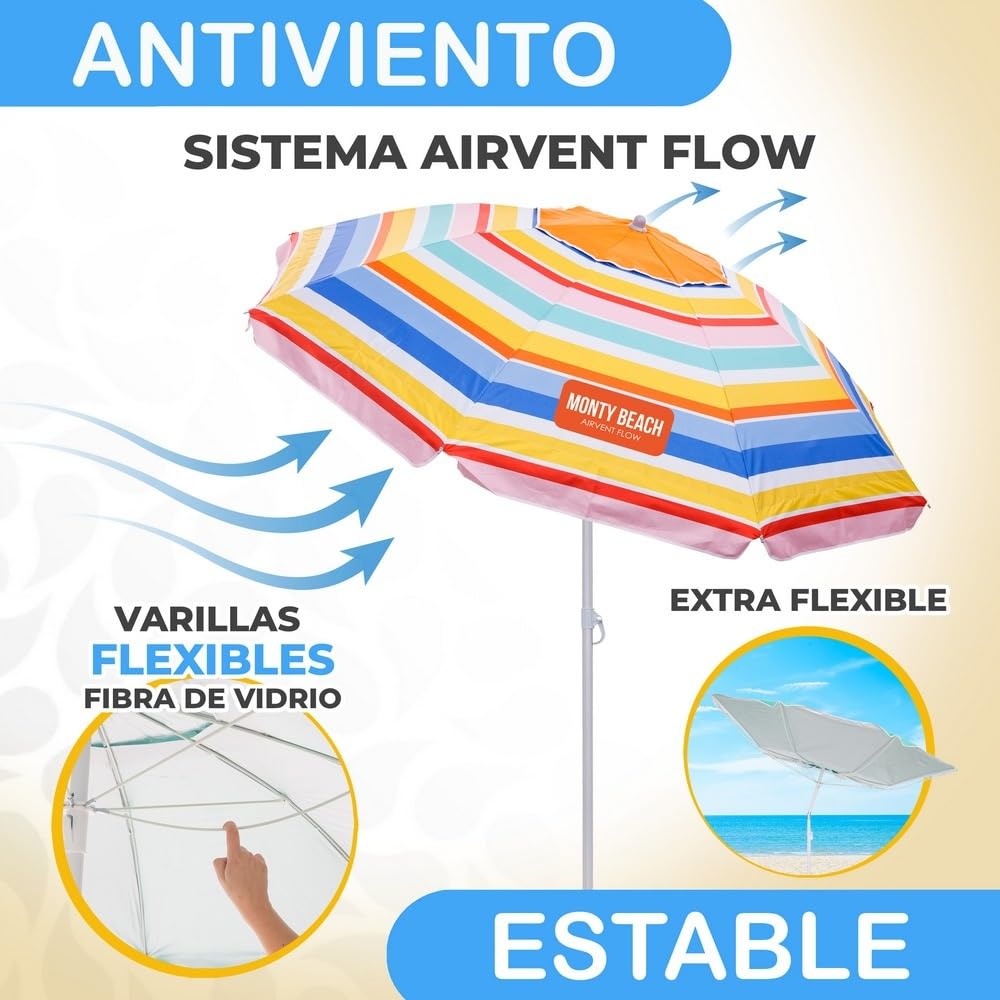 MONTY Sombrilla playa con soporte arena, bolsillos interiores, multicolor, revestimiento plateado UPF+50, techo antiviento, varillas flexibles fibra vidrio, mástil inclinable, regulable altura