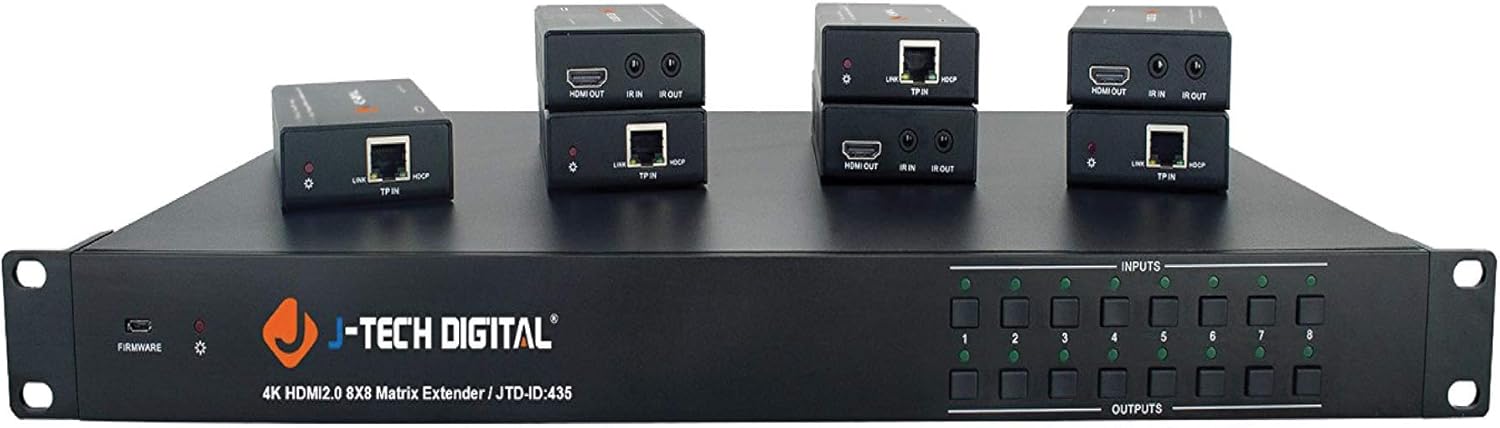 J-Tech Digital 8x8 4K60Hz 4:2:0 HDMI HDBaseT Matrix Switch Extender Up to 230FT (1080P) & 131FT (4K) Over Single CAT5e/6 | Supports PoC, CEC, Remote Control [JTECH-4K88-EX]