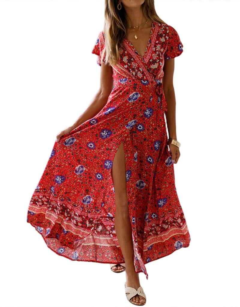 EXLURA Women's Summer Boho Floral Printed V-Neck Faux Wrap Short Sleeve Split Maxi Dress with Belt Red