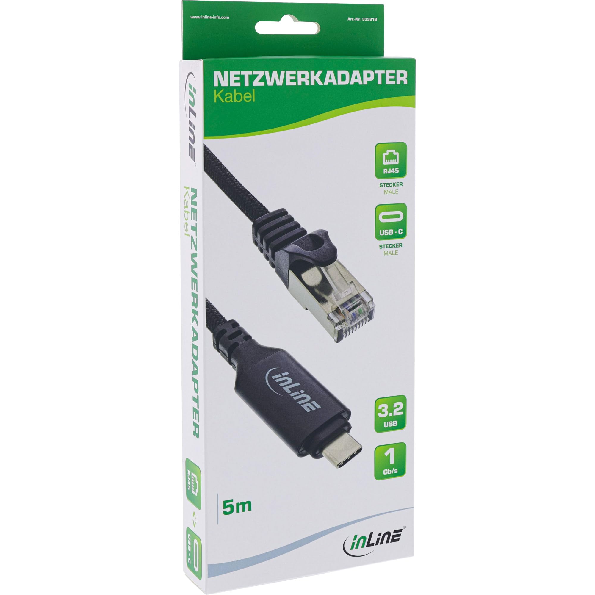 InLine USB 3.2 Netzwerkadapter Kabel, USB-C zu RJ45, Gigabit LAN, Cat.6, Ethernet Verbindung für Notebook, Tablet, Switch, 5m, 33381B