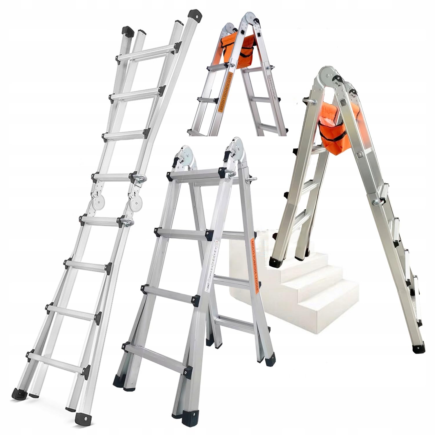Hooha 3.9M Teleskopleiter 4x4 Multifunktionsleiter 3-in-1 Aluleiter Aluminium Klappleiter Giant 14 Stufen, Max Belastung 150 KG, EN131 mit Werkzeugtasche und Handschuhen, Fur Gartenarbeit, Reinigen