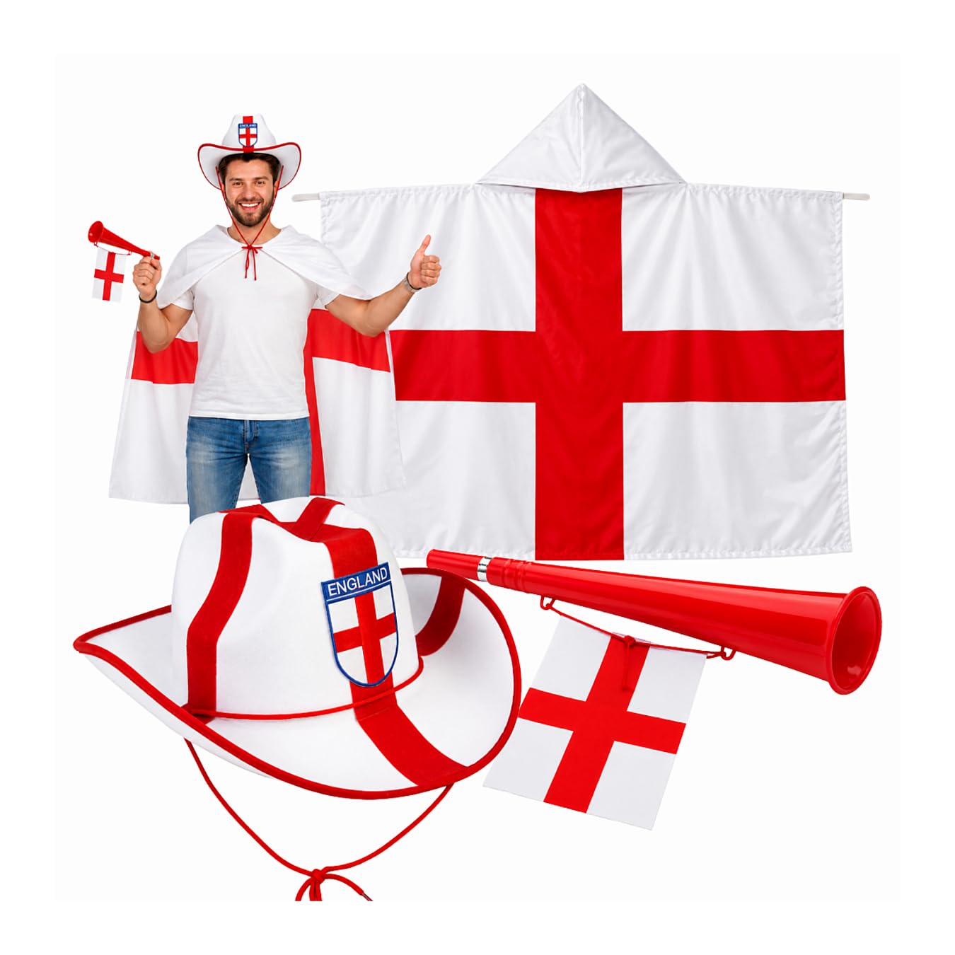 Topline England World Cup 2026 Merchandise - England Fan Kit 3-Piece Supporter Set - St George Rayon Cape, Stetson Hat with Badge, Horn & Flag. Women's, Men's Accessories for Football World Cup 2026