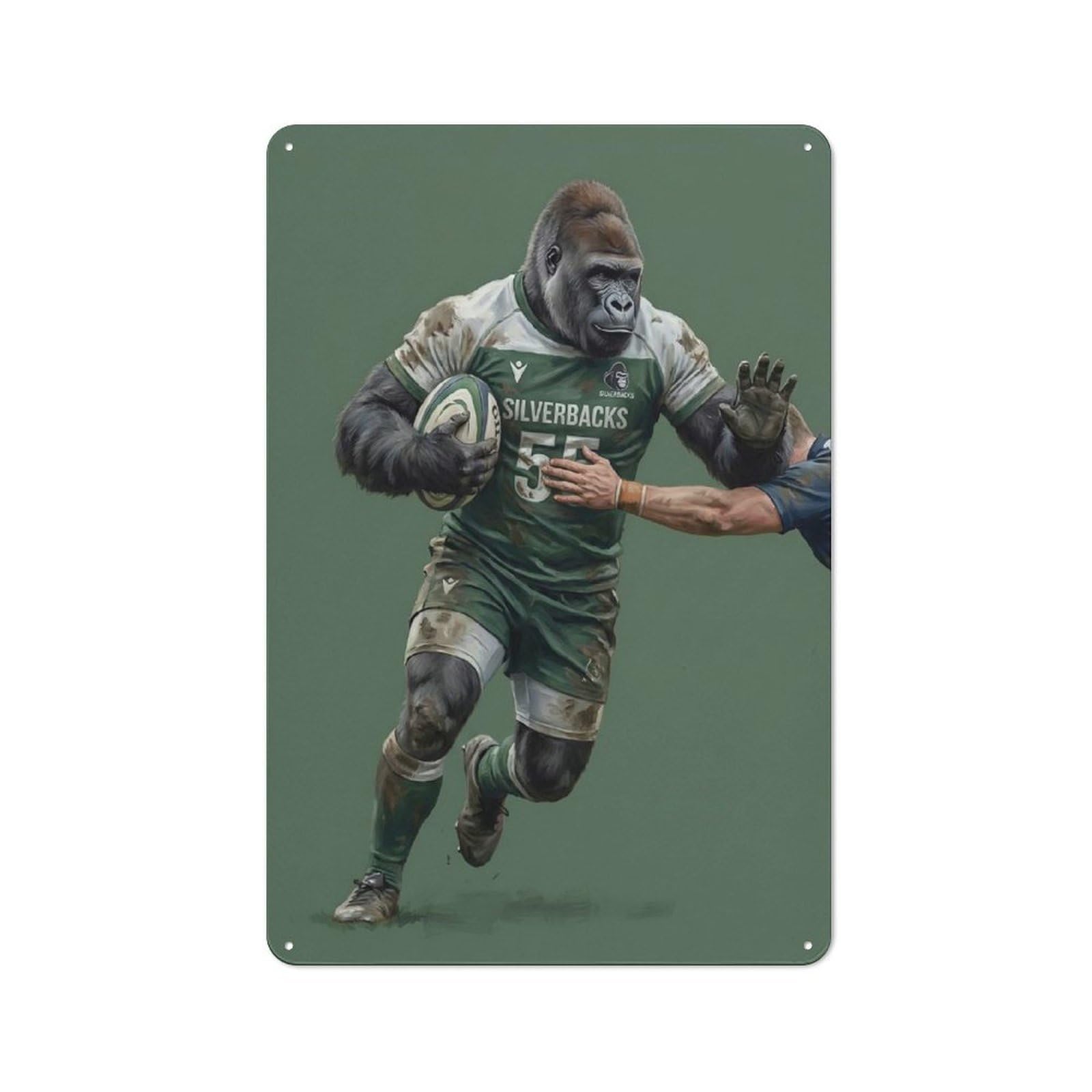 Junmoney Style-1 Tin Wall Plaque 30X20cm With Gorilla Rugby Player With Ball For Hobby Room Or Studio, For Themed Interiors In Hobby Rooms And Studios