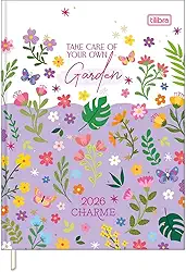 Tilibra - Agenda Costurada Diária 12,3 x 16,6 cm Charme 2026 - Flores fundo branco e roxo