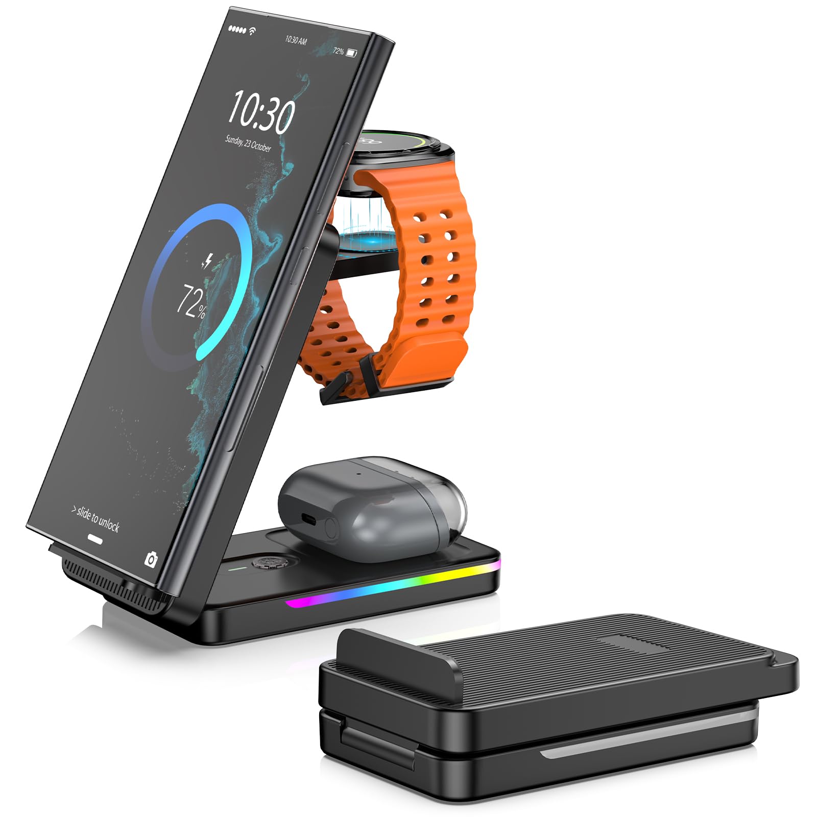 Wireless Charging Station for Samsung, 3 in 1 Foldable Wireless Charger for Galaxy S25 Ultra/S25+/S25/S25 Edge/S24 Ultra/Z Fold7/Flip7, Galaxy Watch 8/8 Classic/Ultra/7/6/5, Galaxy Buds 3 Pro/3