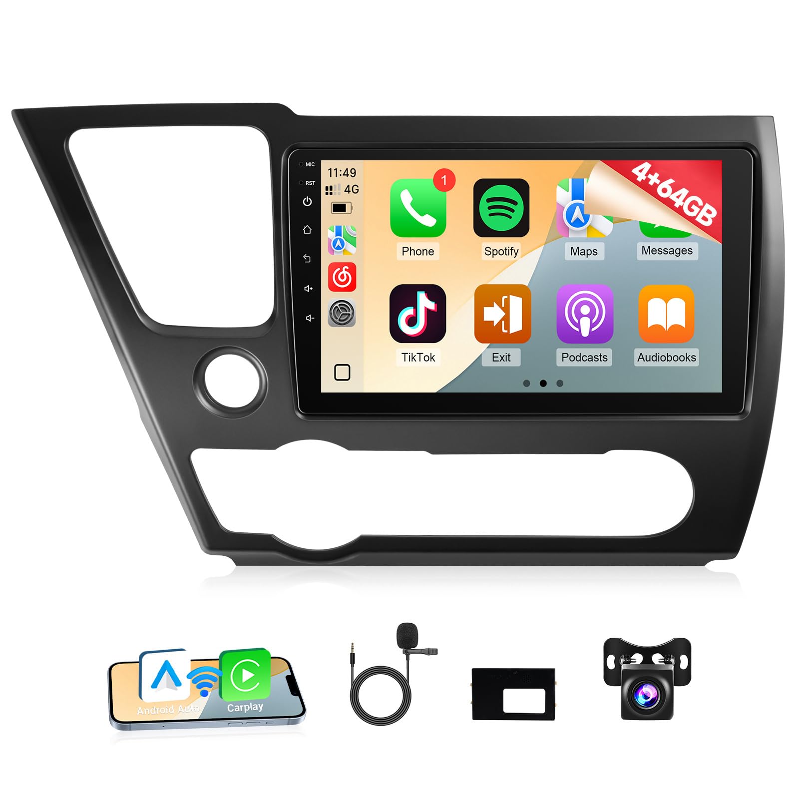 naifay 4+64g android 13 car radio for honda civic 2013-2017, 9inch ips touch screen stereo with carplay android auto bluetooth fm gps wifi swc camera+can bus mic