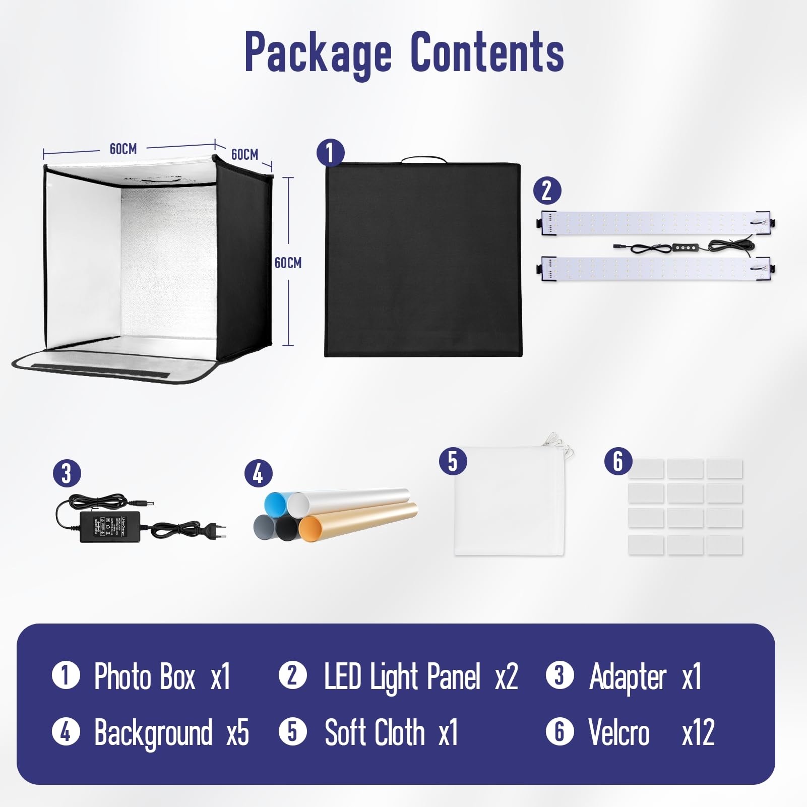 EMART Light Box Fotografia 60cm/24x24 pollici dimmerabile Photo Box con 5 prodotti ftotografia fondali & 3 colori luce per alimenti, gioielli, fotografia di prodotti da studio