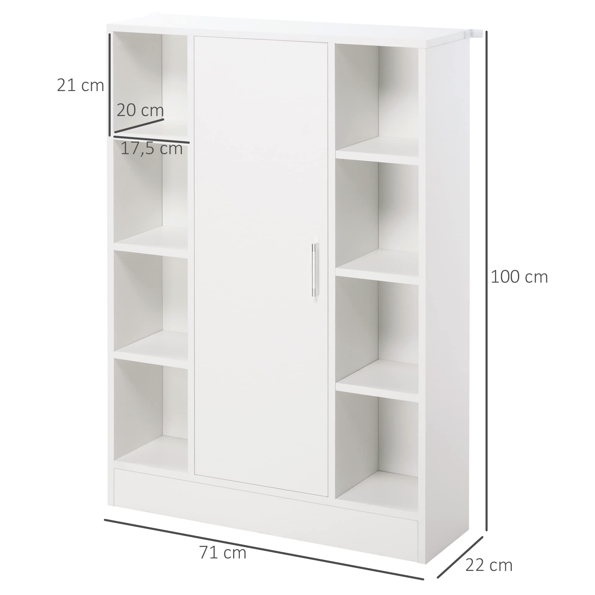 kleankin Armario de Suelo para Baño Madera 1 Puerta 71x22x100 cm Blanco | 8 Compartimentos Abiertos, Estantes Ajustables, Mueble Auxiliar Multiusos, para Cocina Salón