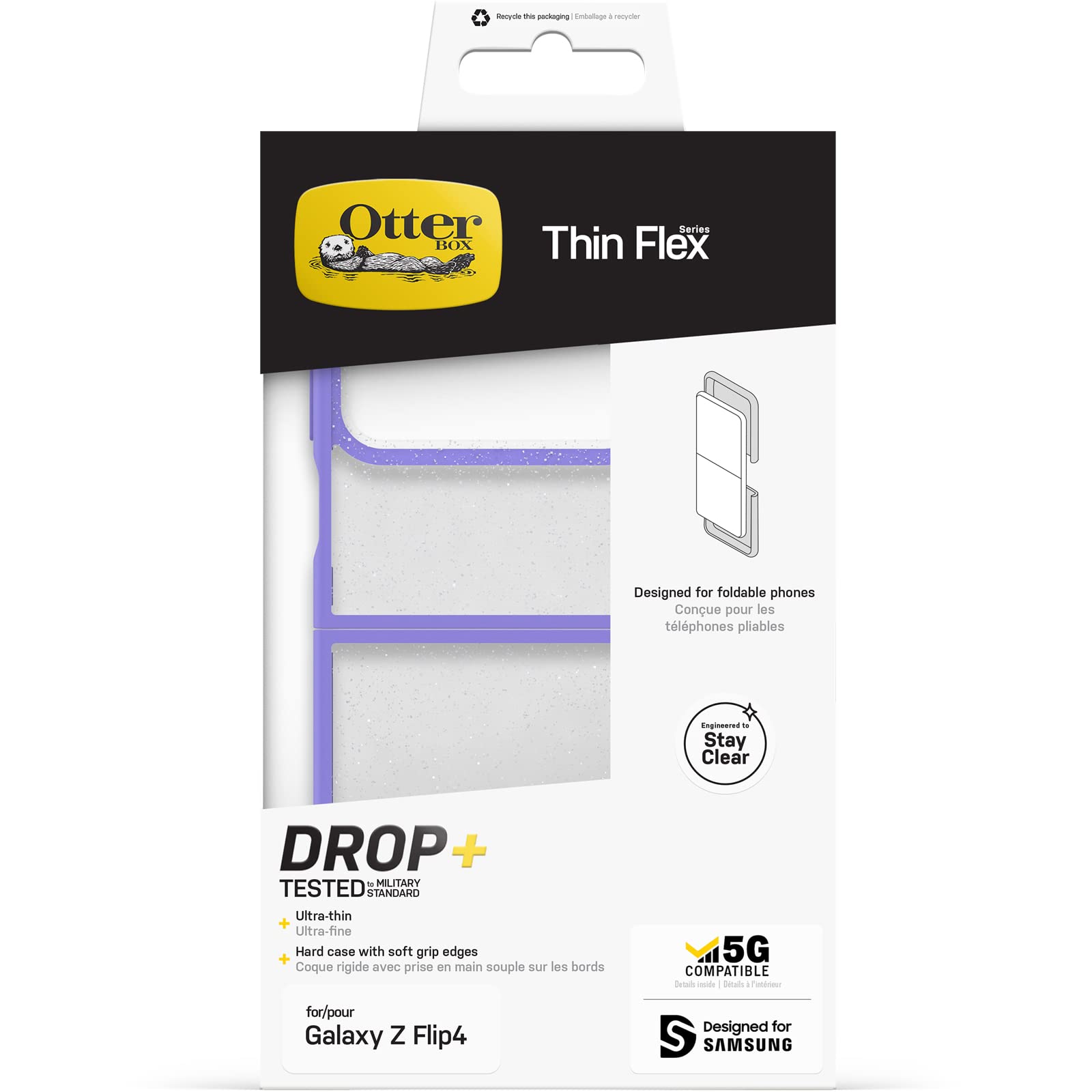 Otterbox Cover per Samsung Galaxy Z Flip4Thin Flex, resistente a shock e cadute, i n 2 pezzi, testata 2x vs norme anti caduta MIL-STD 810G, per telefoni pieghevoli, Trasparente/Viola