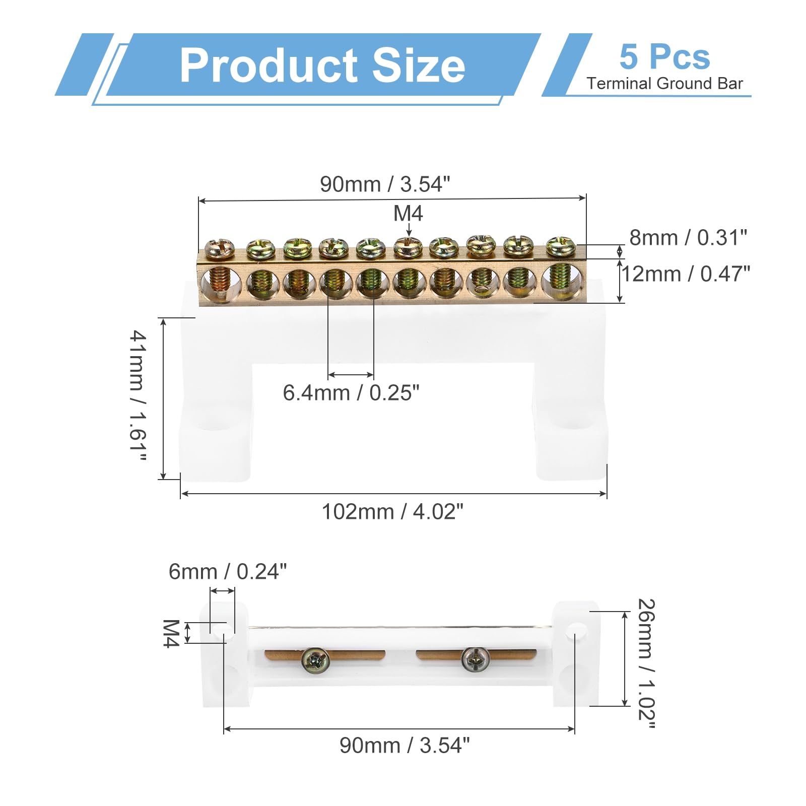 MECCANIXITY 5 Pcs Terminal Ground Bar, 10 Positions Screw Brass Terminal Bus Bar, 8x12mm Ground Terminal Block for Electrical Equipment, Distribution Box, White
