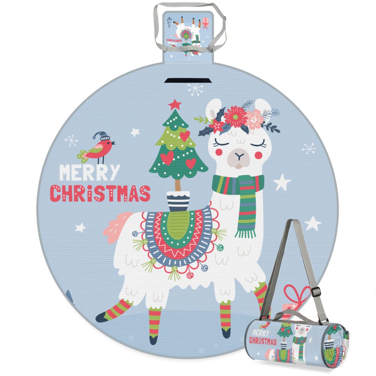 Shimoshe Christmas Alpaca Picnic Outdoor Blanket Foldable Waterproof Sandproof Beach Blanket Portable Water-Resistant Round Picnic Mat for Travel Camping Park Lawn A1