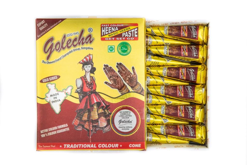 GolechaMaroon Fast Colour Henna Paste Cone, Herbal Mehandi Cone, Jumbo Henna Paste Cones, Temporary Body Art Tattoos Applied With Stencils, Stickers, Air Brush, Box of 12 Cones of 42gm Each - Maroon
