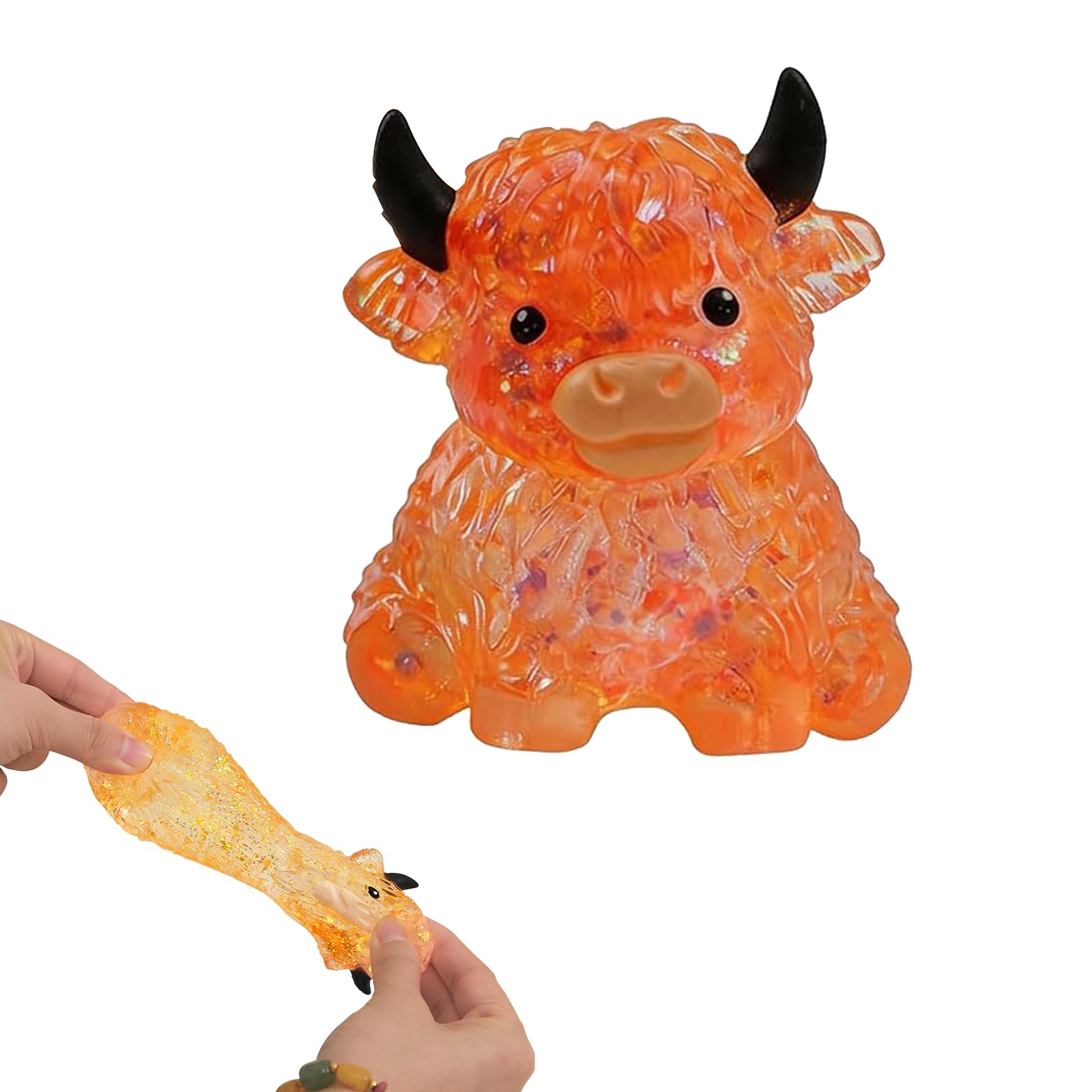 Fenydull Glitter Highland Cow Squishy Fidget Toy, Mini Highland Cow Figurine, Soft Silicone Sensory Stress Relief Toy for Adults, Cute Farm Animal Decor for Desk Office (Orange)