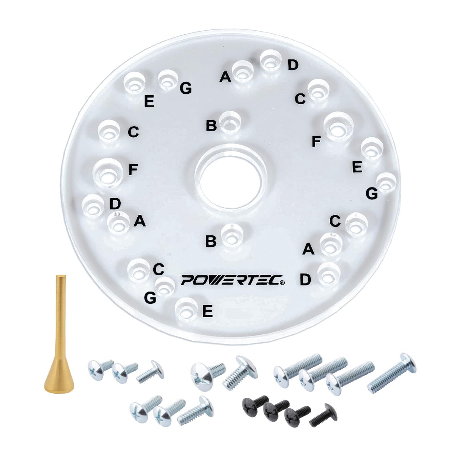 Base Plate Clear Acrylic 6-1/2" & 5/16" Thick w/Centering Pin, Screws & Letter Marked Predrilled Holes - Fits Listed Models of Bosch, Dewalt, Ryobi, Porter Cable, Makita & More (71369)