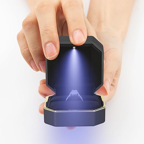 Miniatura 4 de Caja de joyería LED de lujo, caja de regalo de terciopelo, organizador para propuestas, compromiso, boda, aniversario, cumpleaños, ceremonia (negro)