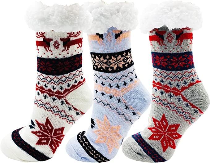Starvis Fluffy Thermal Sherpa Slipper Socks, Ultra Soft Christmas Winter Non Skid Snowflake Fleece white soft terry fur Lining Knit Thick thermal Warm Christmas (Assorted Mix design) (Pack of 1) 3