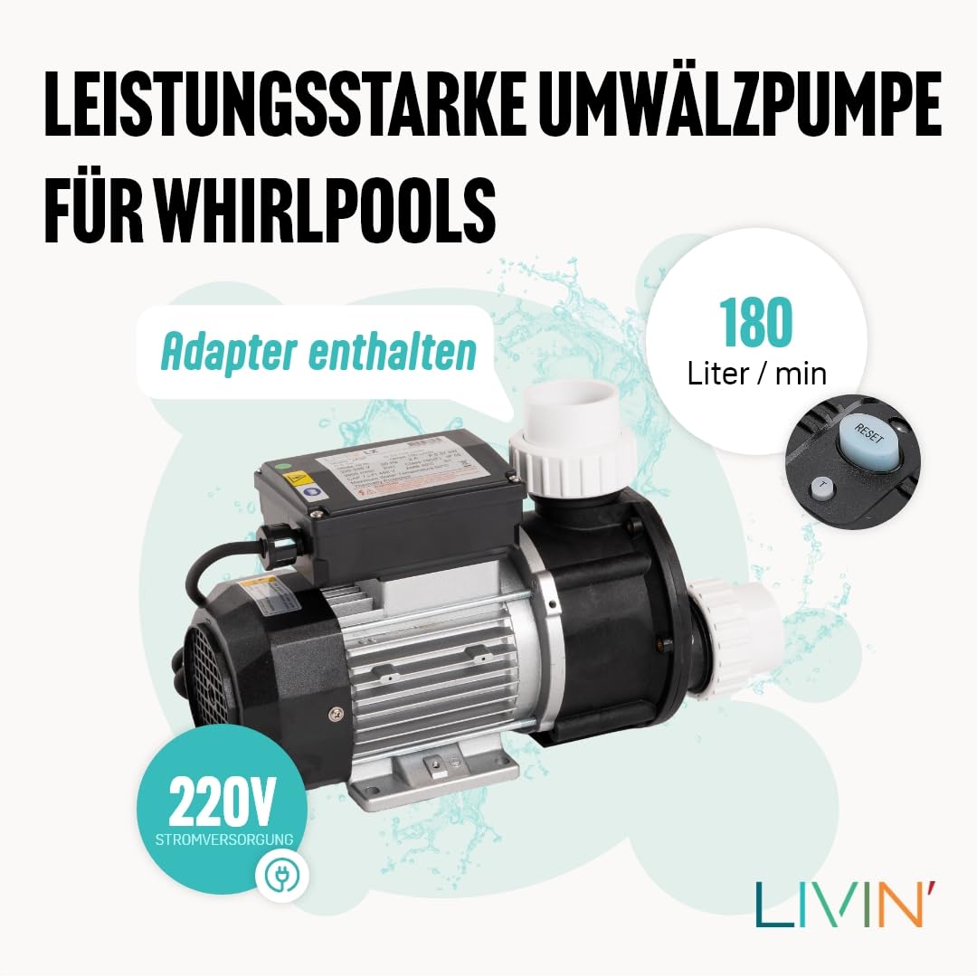 LIVIN' Spa LX JA50 Poolpumpen- Whirlpool Zirkulationspumpe 0.37 Kw/ 0.5 HP Spa Pumpe- Pool Filterpumpe 180 L/Min Poolpumpe Über Dem Boden - Wasserkreislaufpumpe Mit 230 V/ 50 Hz & Kein Lärm
