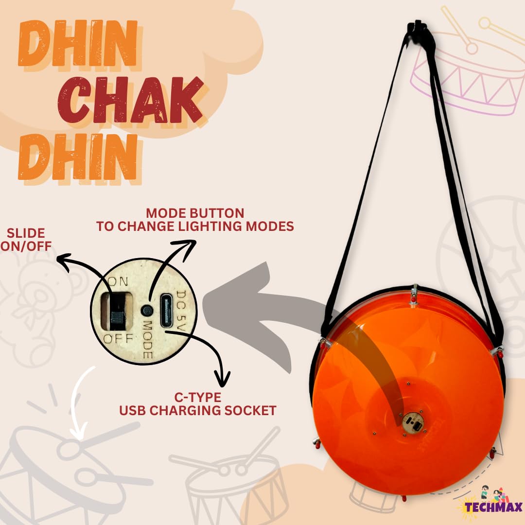 Lighting Dholak Tasha - Sensor Based - Rechargeable (Orange - Single Side - 11.5 INCH) 3