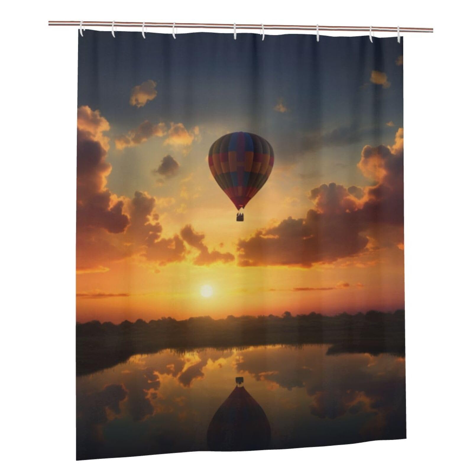 BWWHCCTI Hot Air Balloon Sunset Printed Shower Curtain With 12 Plastic Hooks Opaque Quick Drying Waterproof Shower Curtains Sets For Bathroom 152x183 Cm
