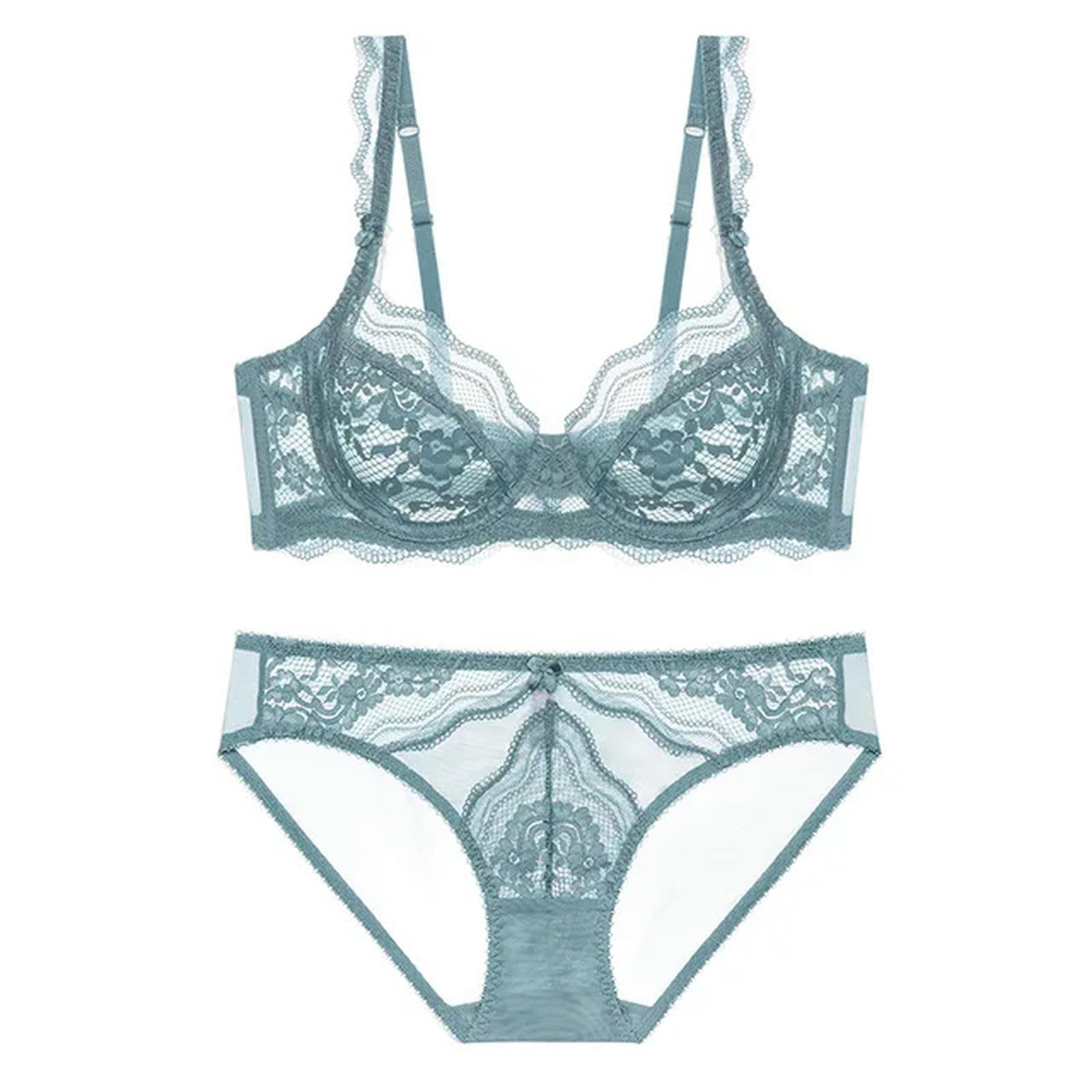 Ultra Thin Transparent Hollow Out Lace Plus Size Bra and Panty Set Underwear - 70E - blue