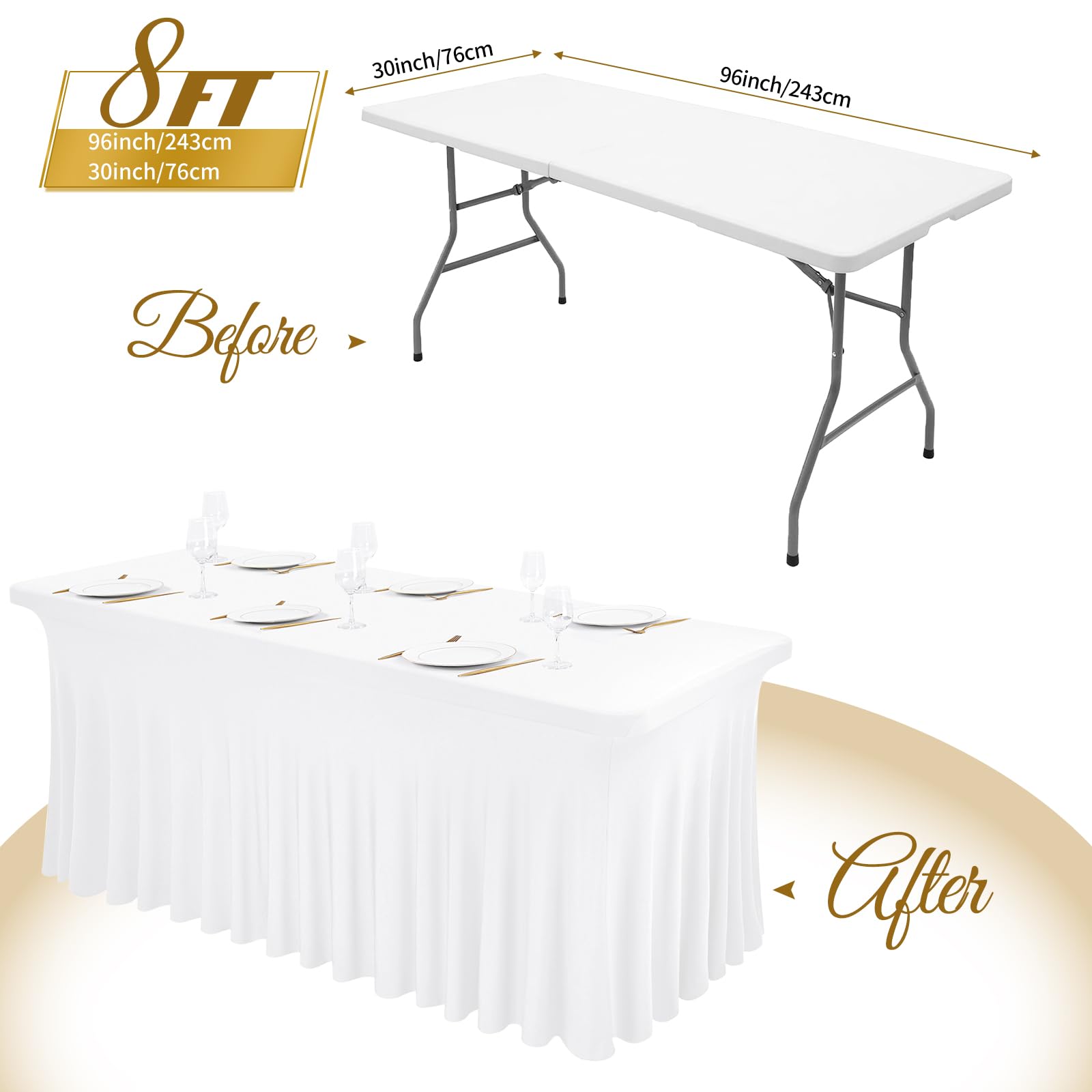 Teruntrue Spandex Tabelle Rock 8ft Stretch Tischabdeckung mit Rock, waschbar Tabelle Rock für 8ft Rectangle Tabelle für Hochzeit Geburtstag Party Ausstellungen Cocktail Bar (weiß)