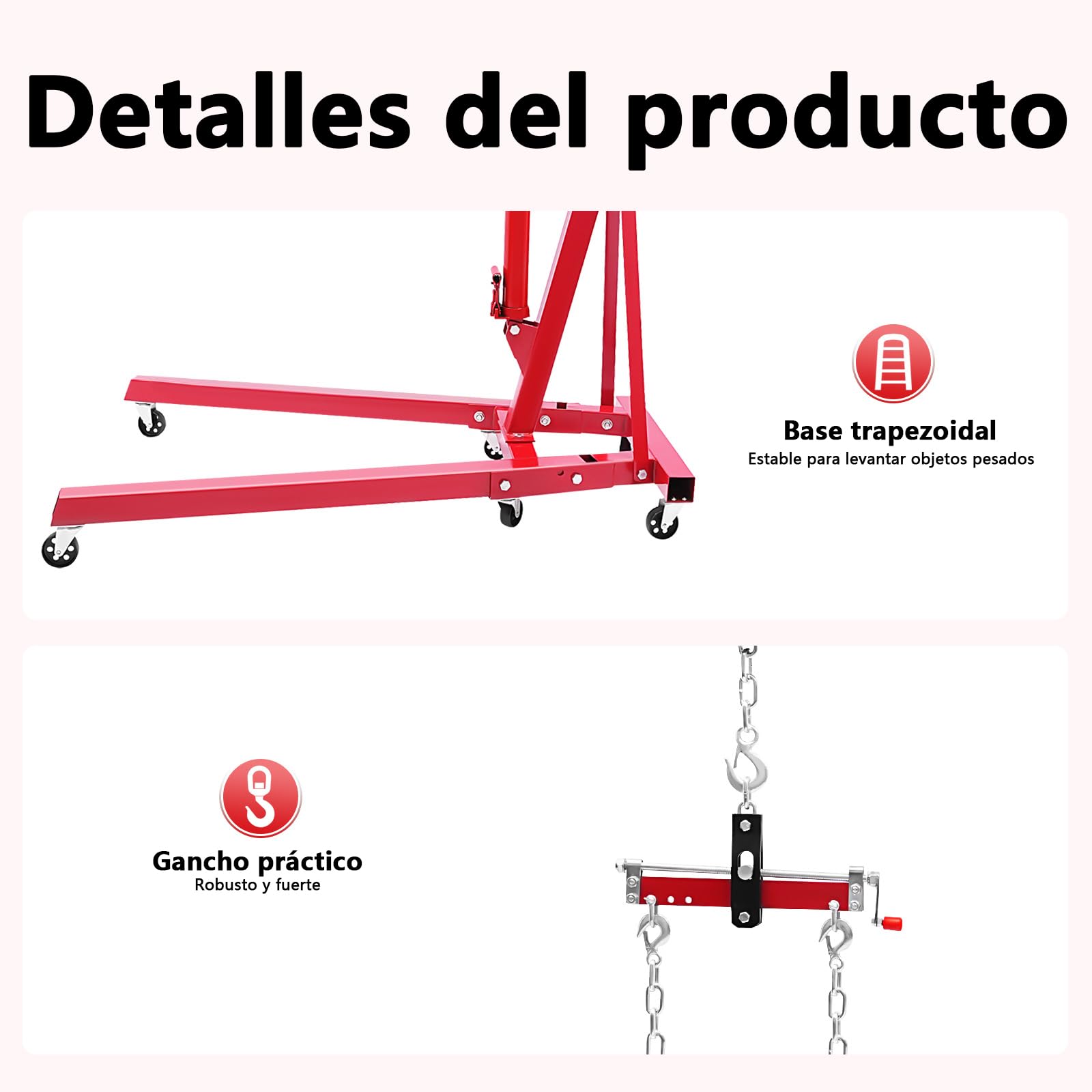 Grúa de taller plegable con compensador de motor, 2000 kg Grúa elevadora de motor de acero al carbono, 4 posiciones ajustables, máx. 148 cm de distancia del gancho al suelo (envío de 2