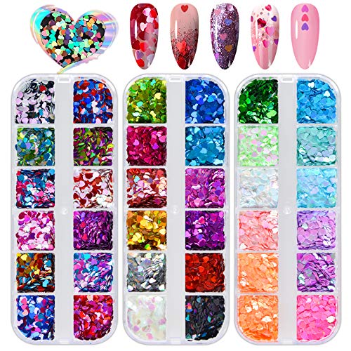 Kalolary 36 Boxes 3D Heart Nail Art Sequins, Colorful Heart Nail Glitter Sequins Acrylic Paillettes, Holographic Nail Sparkle Glitter for Valentine's Day Nail Art Decoration Makeup