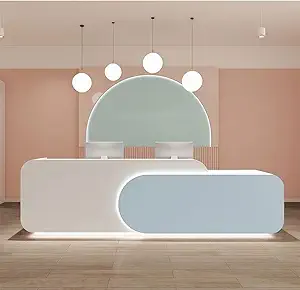 Reception Desk L Shape - Front Desk with Locked Drawers and Hidden LED Lighting, No Assembly Required, for Commercial Counter, Beauty Salons, Retail Counters and Office