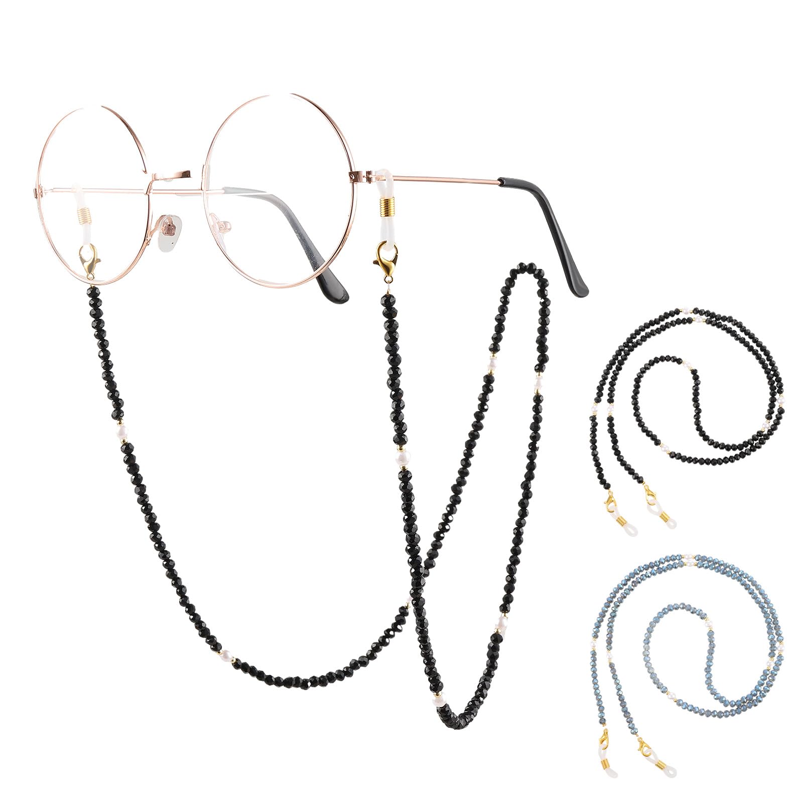 WLLHYF Cadenas de gafas para mujer, 2 piezas de correa de gafas de sol con cuentas, soporte de cordón para máscara alrededor del cuello, retenedor de gafas de sol para mujer, Negro/Azul, talla única
