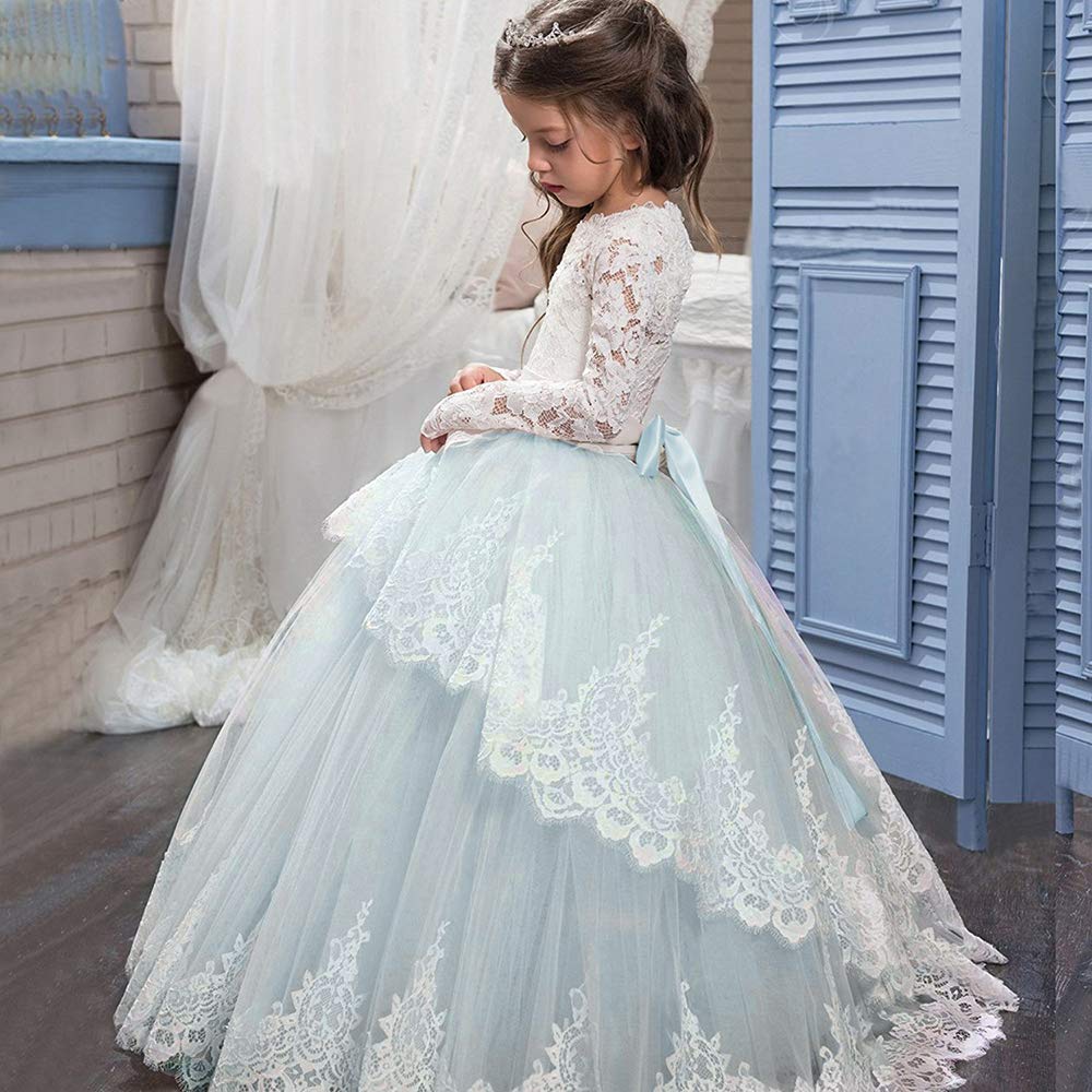 PLWEDDING Spitze Lange Ärmel Blumenmädchen Kleid Prinzessin Tüll Kleid für Kinder Erstkommunion Kleider