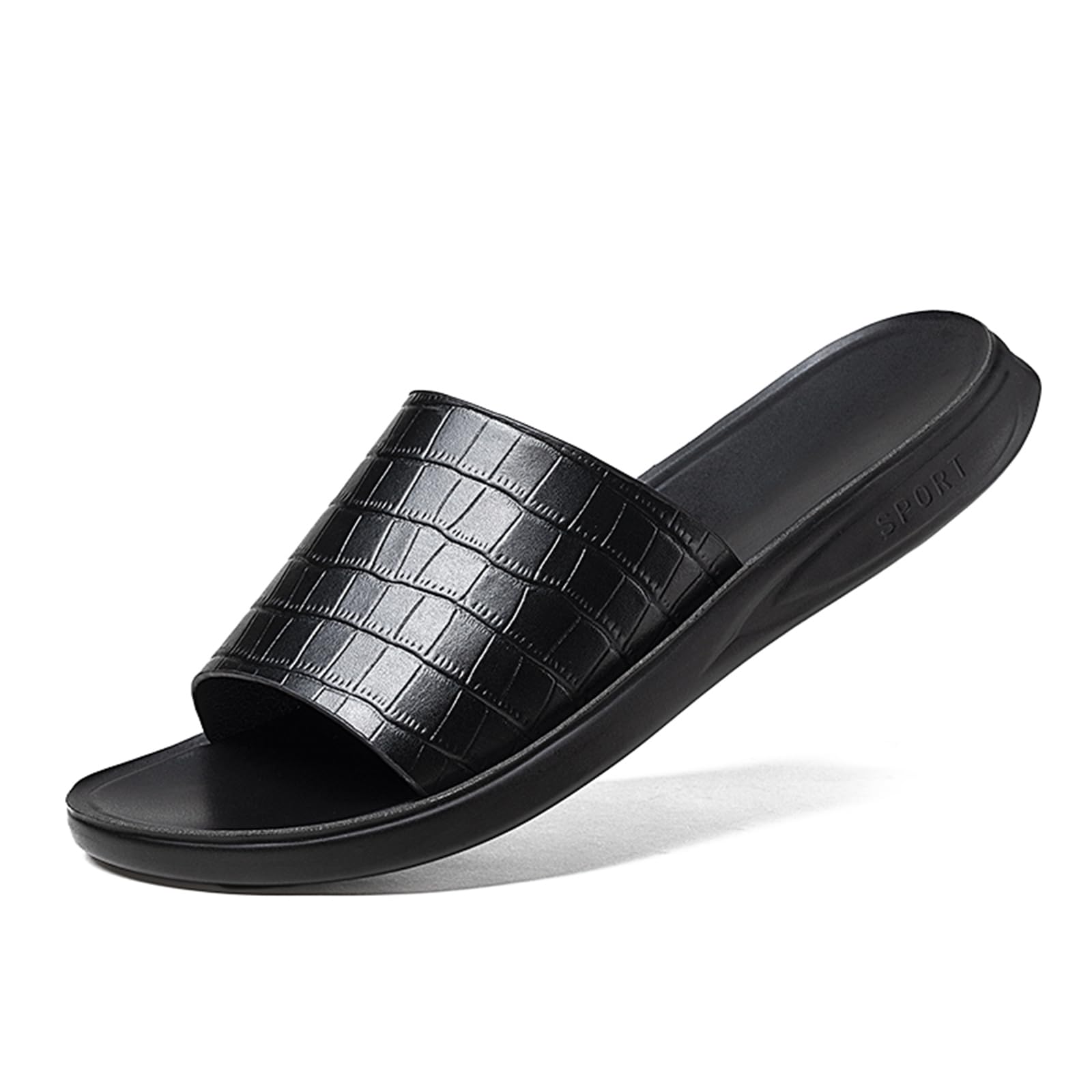 BOTRENT Men's Print Genuine Leather Flat Slides Sandals Round Open Toe Non Slip Outdoor Slip On Casual Flats Slippers Lightweight Beach Summer Sandals