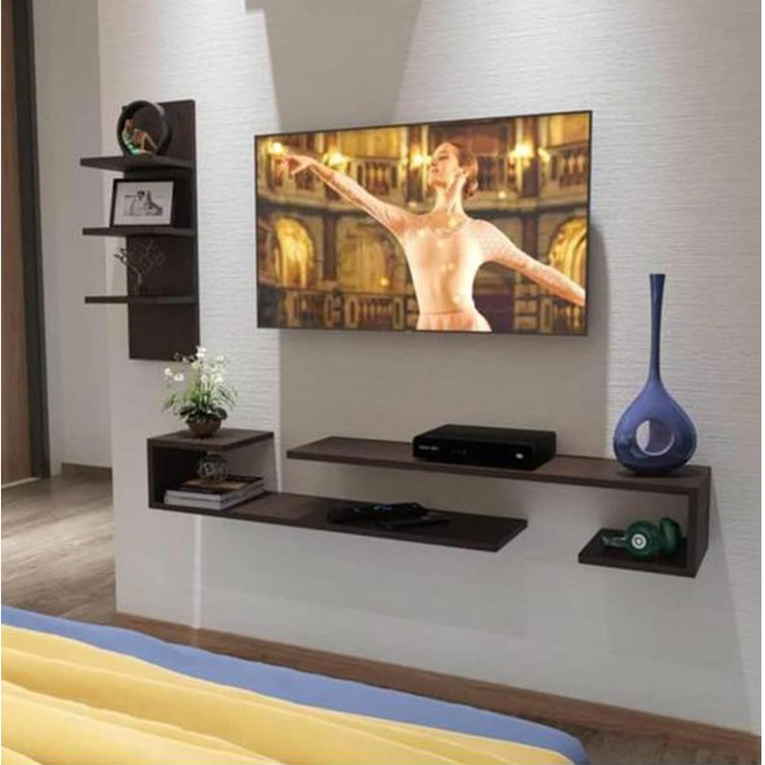 EVETO Wooden Wall Mounted U Shape TV Unit Wall Shelf for Living Room/Engineered Wood TV Entertainment Unit Set Top Box Stand/TV Cabinet (Wenge)-image-44