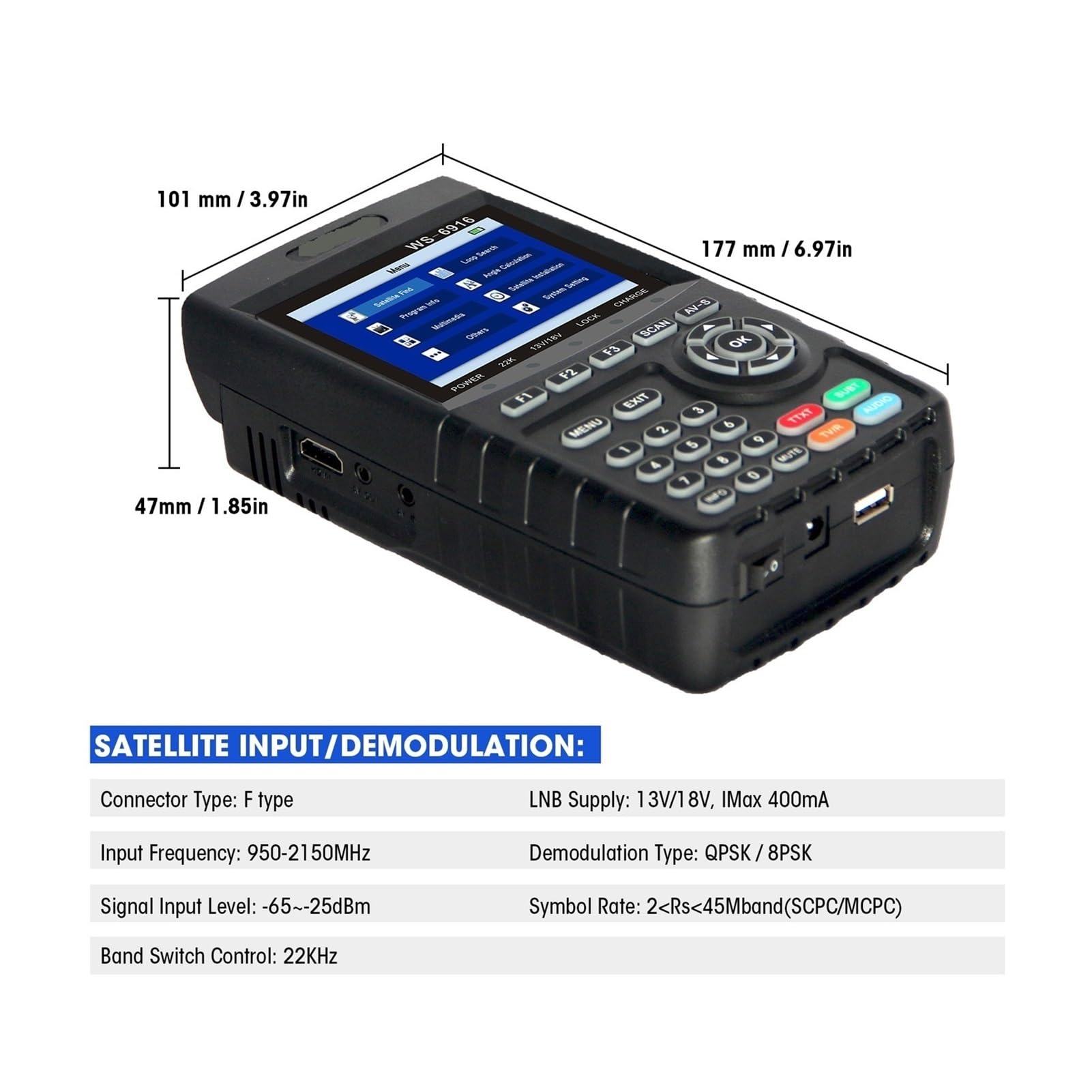 Cercatore satellitare, WS-6916 Misuratore di rilevamento satellitare digitale TV HD del segnale da 3,5 pollici
