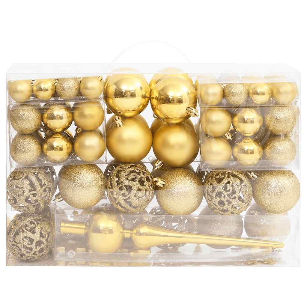 Lot de 111 boules de Noël dorées en polystyrène incassables de 3 cm, 4 cm et 6 avec flocons de neige, étoiles et dentelle, mat, pailleté, brillant et creux