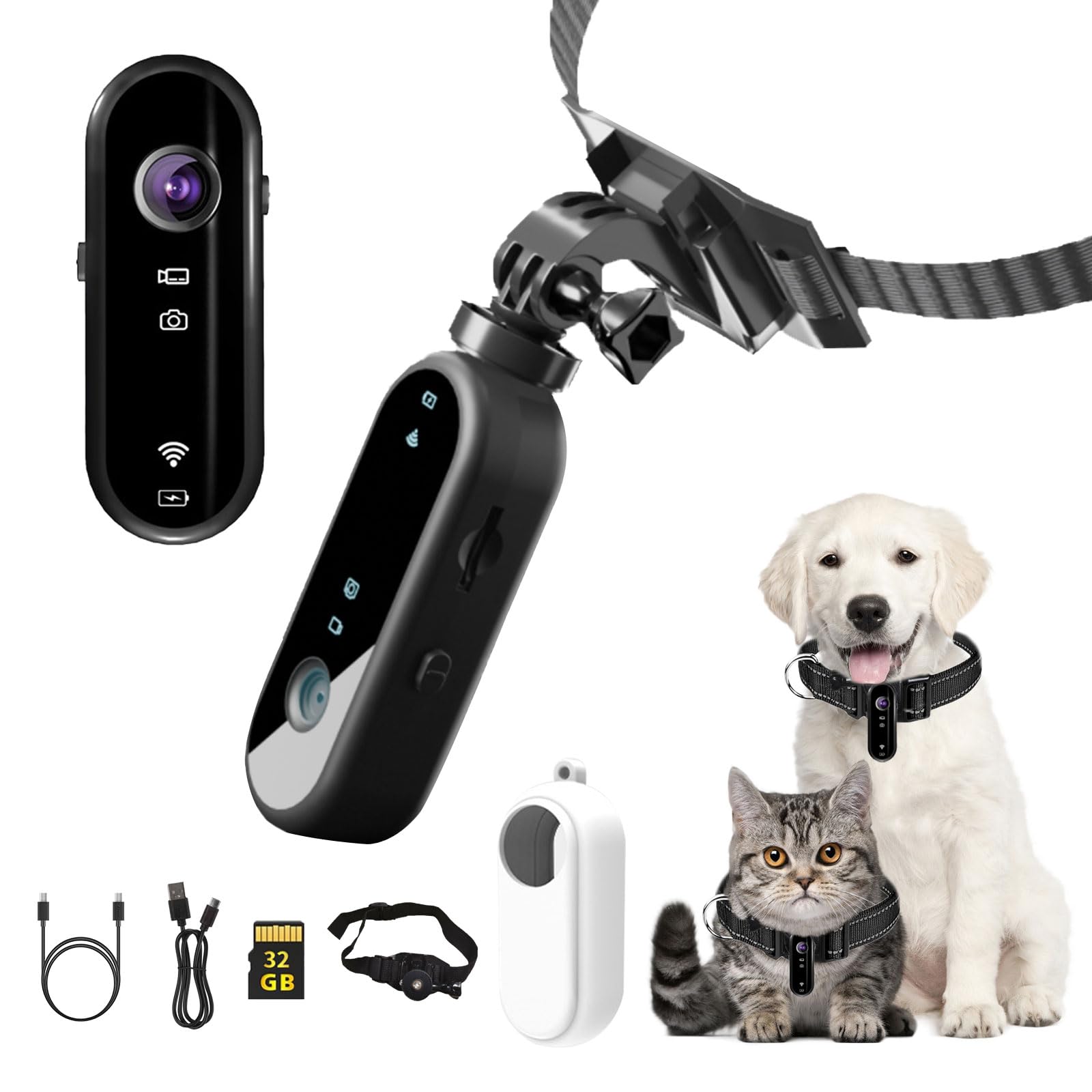 Pet Camera Collar, 1080P 120° grandangolare per gatti con fotocamera, registrazione video con scheda SD da 32 G, fotocamera USB ricaricabile per cani e gatti